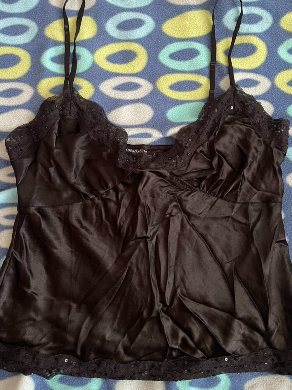 2000s black vintage silk top with embedded jewels